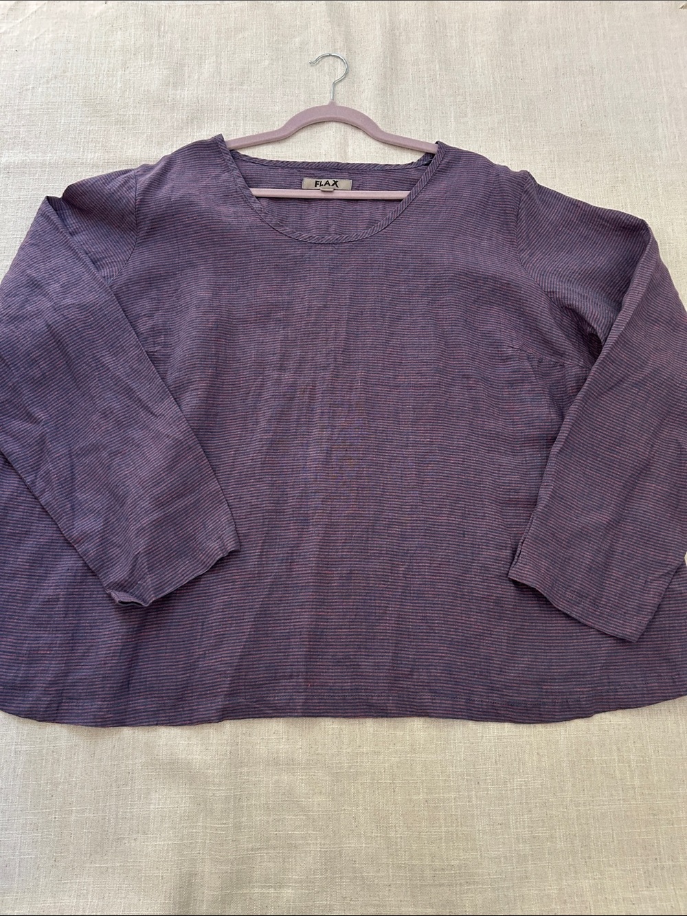 Flax Lavender Stripe Long-Sleeve Top Oversized Lagenlook Linen Coastal Popover - Picture 10 of 15